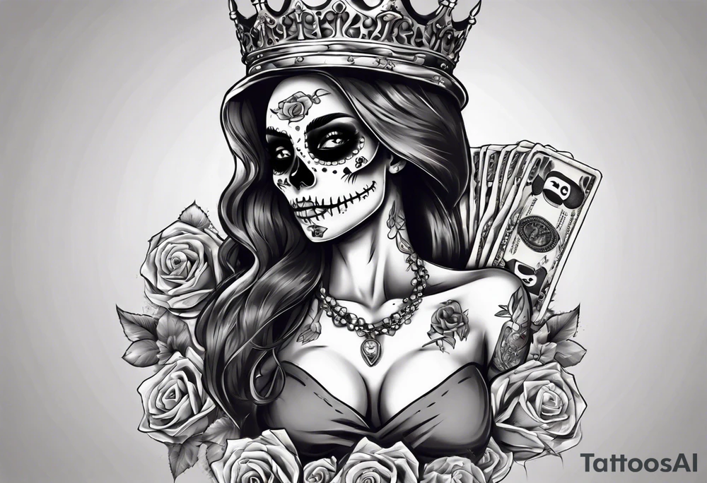 santa la muerta with money and crown
on the card tattoo idea
