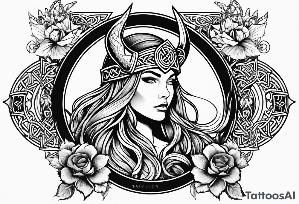 Viking goddess, axes, moonlight, flowers, Celtic, bedroom eyes, circular border, thors hammer, battle axe tattoo idea
