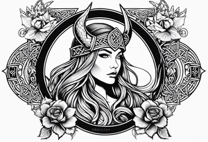 Viking goddess, axes, moonlight, flowers, Celtic, bedroom eyes, circular border, thors hammer, battle axe tattoo idea