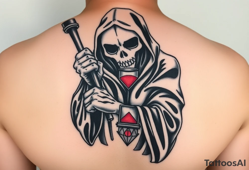 Simple grim reaper looking at a watch on his wrist with a hourglass with red sand and diamond geometric shapes for the thigh tattoo idea