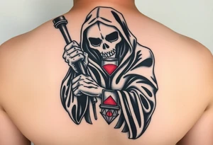 Simple grim reaper looking at a watch on his wrist with a hourglass with red sand and diamond geometric shapes for the thigh tattoo idea