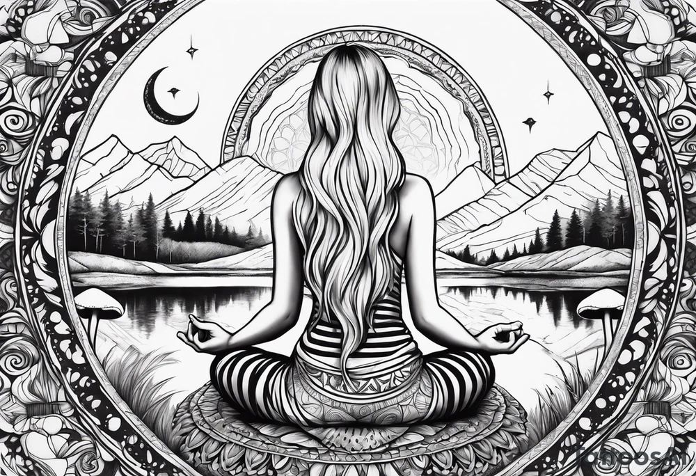 Straight blonde hair girl meditating facing away toward mountains surrounded by mushrooms crescent moon mandala circular design black and white striped dress tattoo idea
