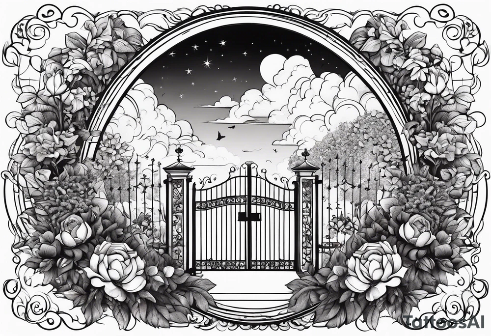 night town garden gate entrance
in circle vignette surrounded by clouds floral tattoo idea