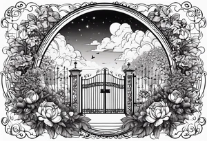 night town garden gate entrance 
 in circle vignette surrounded by clouds floral tattoo idea
