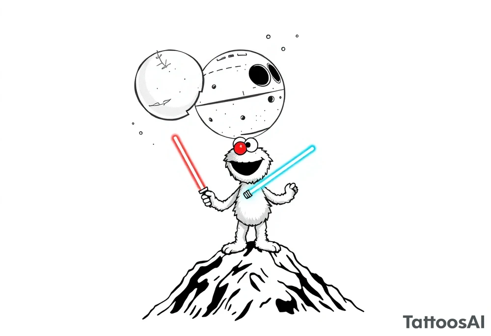 Elmo holding a lightsaber standing on a mountain looking up at the deathstar in space tattoo idea