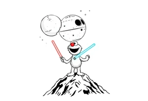 Elmo holding a lightsaber standing on a mountain looking up at the deathstar in space tattoo idea