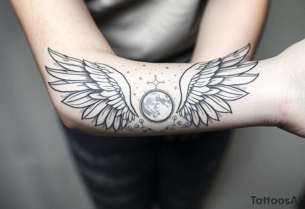 Night sky with constellation, stars & moon seen from a frame of natural landscape angel wings spiritual tattoo idea