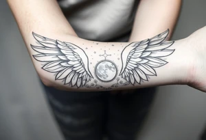 Night sky with constellation, stars  & moon seen from a frame of natural landscape angel wings spiritual tattoo idea