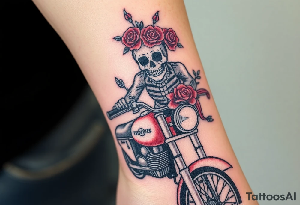 create an decorated "day of the dead skull" with roses who is riding a Triumph motorcycle tattoo idea