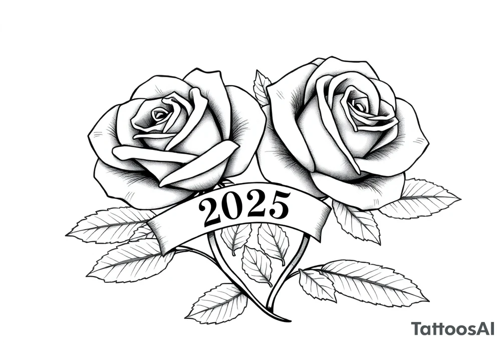 two beautiful large rose buds, one larger than the other, with lots and lots of leaves next to the rose buds, with one sitting slightly higher than the other, side-by-side.  Include a banner connecting the two roses with the year 2025 on it.   Use dark outlines with little shading. No stems tattoo idea