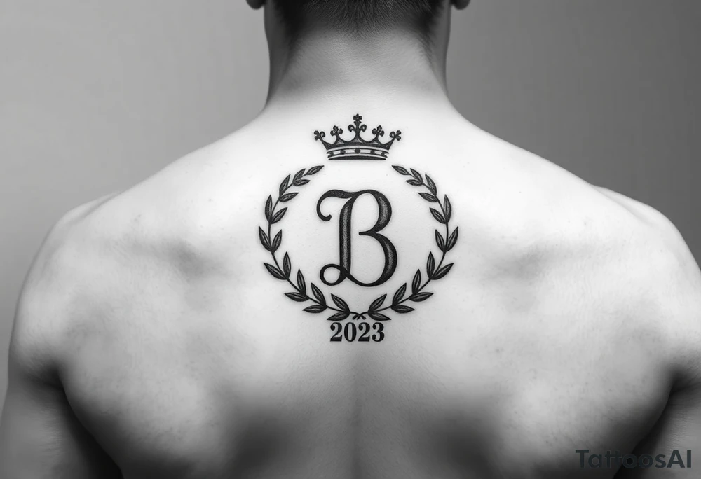 I would like to have an example for a tattoo. In which the initial B is central with a laurel wreath from bottom to top and a crown on top. Furthermore, please include a birth year 2023 or his birth date in Roman. tattoo idea