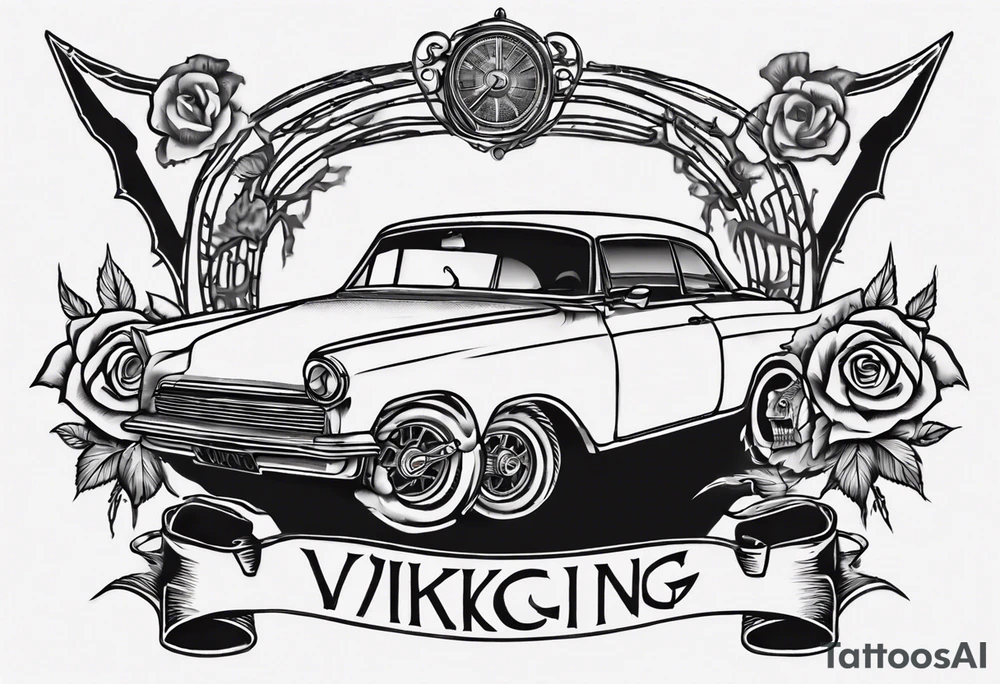I want a tattoo of an old vintage classic car and a skeleton with roses in the back with the name “Viking Customs” incorporated in the design tattoo idea