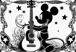 A well balanced tattoo full left arm with the following images:
2 stars, 
1 quarter moon, 
a bass guitar, 
a caduceus symbol and 
a mickey mouse shadow tattoo idea