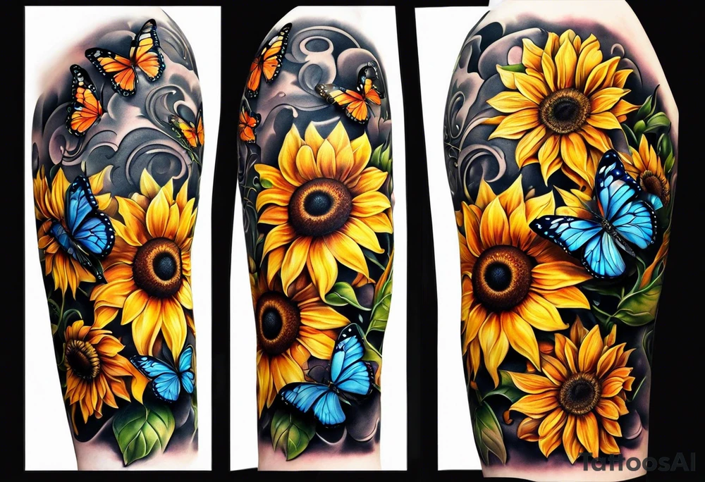 Arm sleeve with sunflowers and butterflies tattoo idea
