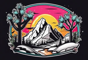 A dessert with joshua trees transitioning to pine trees and mountains tattoo idea