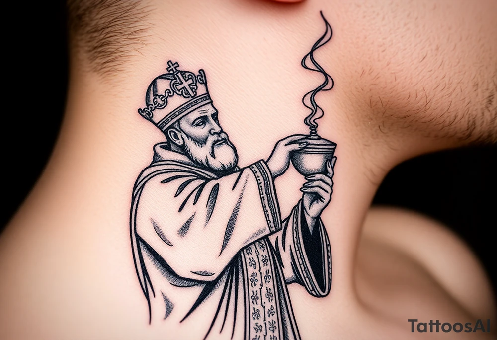 Russian Orthodox Priest in a fully detailed gold vestment swinging a censer with smoke curling upward tattoo idea
