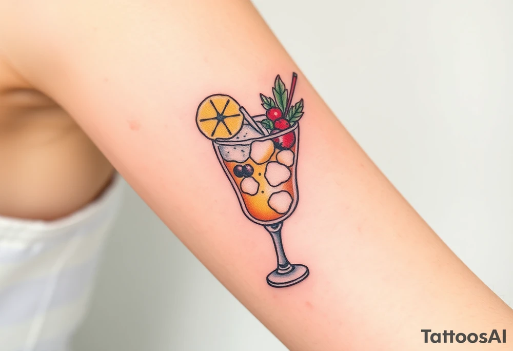Fun cocktail that you would get on a Caribbean cruise in a short square glass with lots of garnishes tattoo idea