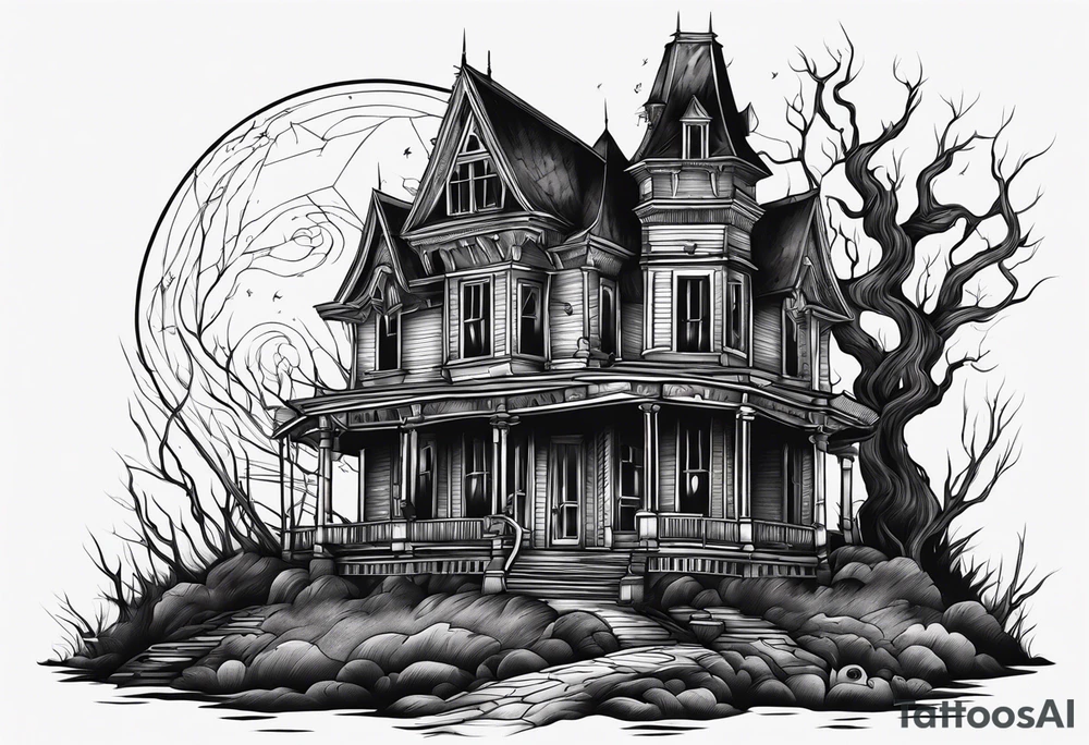 Scary rotting haunted house tattoo idea