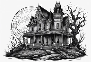 Scary rotting haunted house tattoo idea