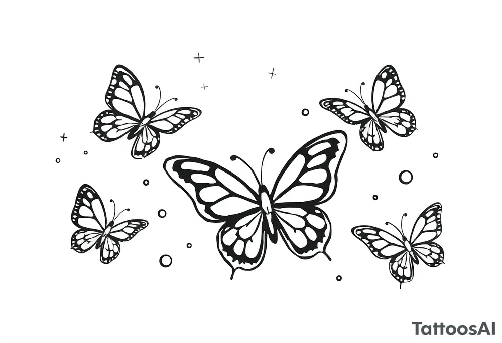 Simple outline of flying butterflies with lots of sparkles and bubbles tattoo idea