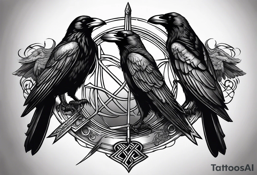 3 ravens circling a dead body with 3 spears stuck in it. One spear has a banner with celtic erit8ng on it tattoo idea