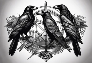 3 ravens circling a dead body with 3 spears stuck in it. One spear has a banner with celtic erit8ng on it tattoo idea