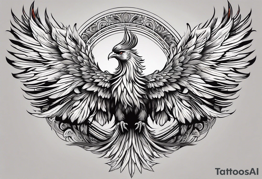 A majestic phoenix, rising powerfully with its wings spread wide and feathers flowing, representing rebirth and resilience. The phoenix is detailed with intricate feathers, creating a sense of movement and vitality. The design is bold, with deep shading and texture that adds dimension and intensity to its form. tattoo idea