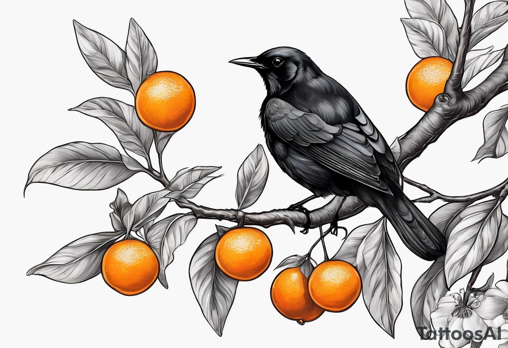 blackbird leaving on an orange blossom branch with its wings up tattoo idea