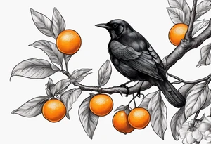 blackbird leaving on an orange blossom branch with its wings up tattoo idea