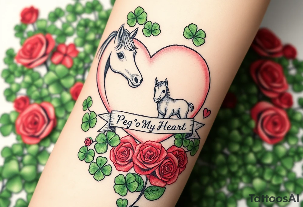a big pale pink heart and a mare and a colt in a huge patch of green shamrocks, and red roses with a banner across the heart that says Peg 'o My Heart tattoo idea