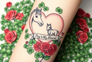 a big pale pink heart and a mare and a colt in a huge patch of green shamrocks, and red roses with a banner across the heart that says Peg 'o My Heart tattoo idea