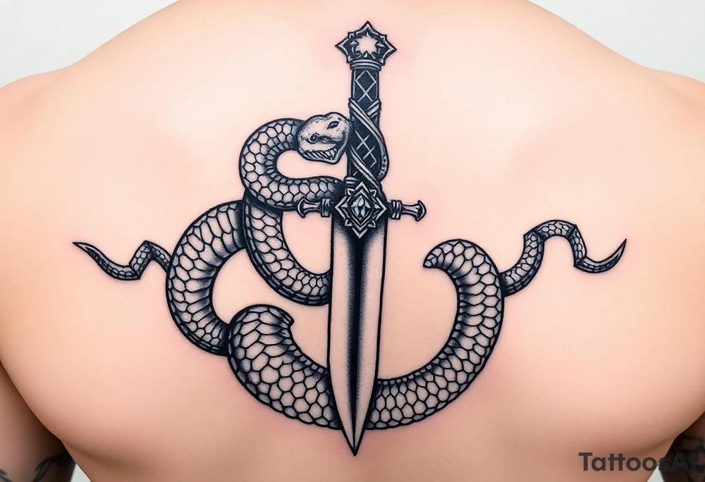 mystical snake coiled around an ancient dagger with jeweled hilt tattoo idea