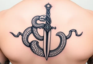 mystical snake coiled around an ancient dagger with jeweled hilt tattoo idea