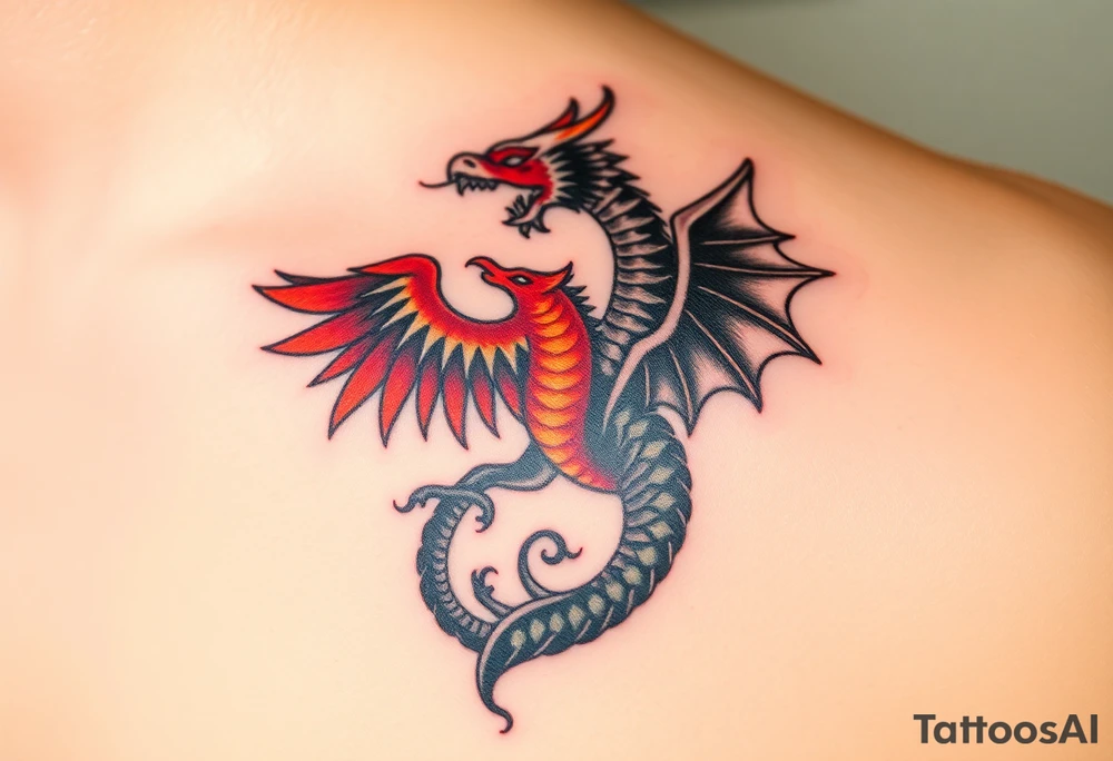 A phoenix and a dragon intertwined, one side fiery red and gold (good) and the other dark with shades of black and silver (evil), symbolizing transformation and balance tattoo idea