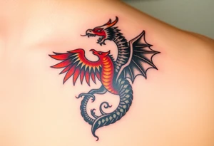 A phoenix and a dragon intertwined, one side fiery red and gold (good) and the other dark with shades of black and silver (evil), symbolizing transformation and balance tattoo idea