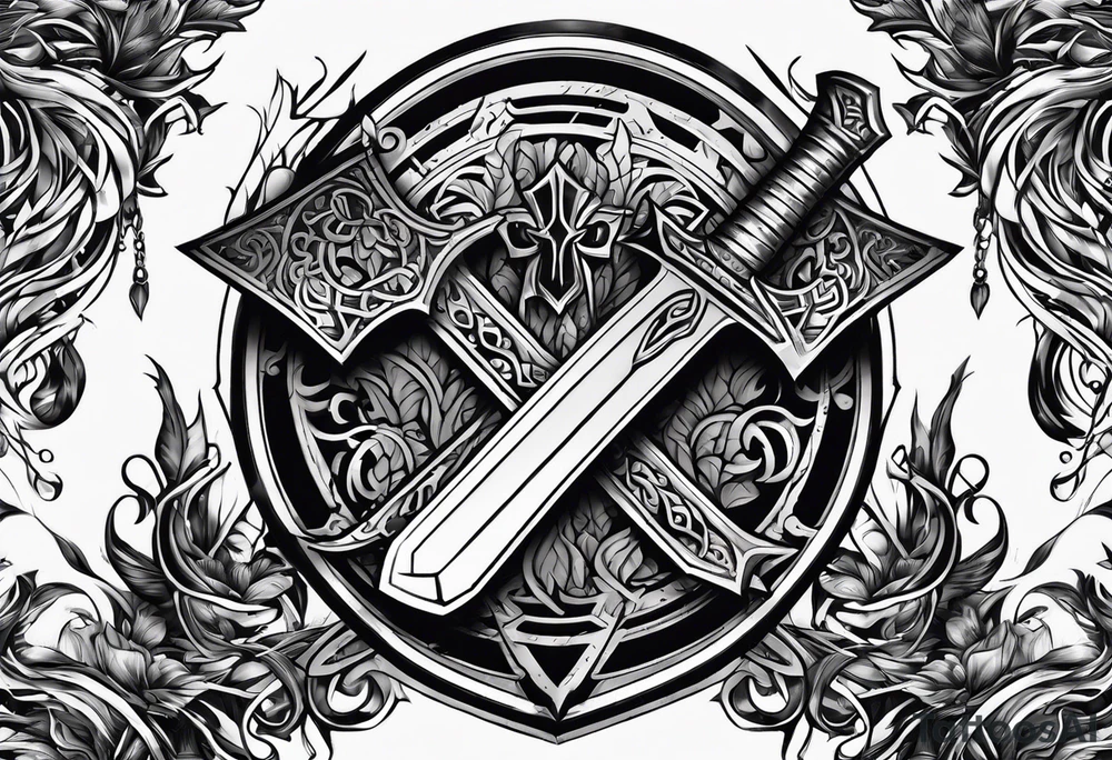 Valhalla sword shield fire axe tattoo idea