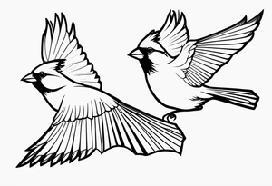two cardinal birds flying 
fine line with some shading tattoo idea