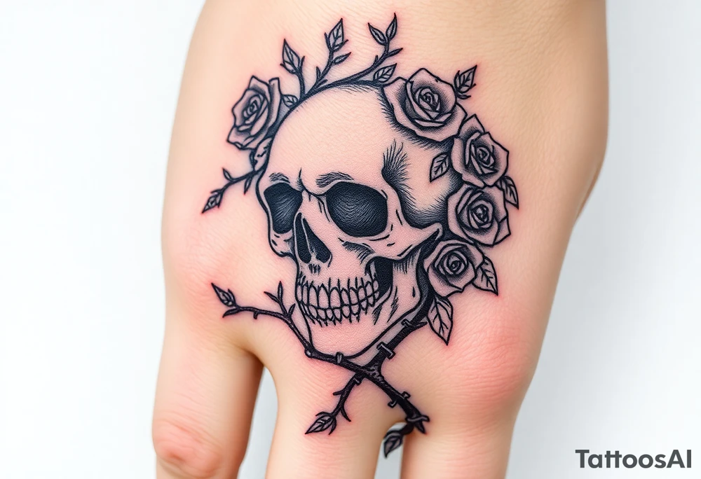 gothic skull intertwined with climbing roses and thorny vines tattoo idea
