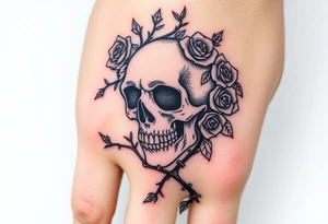 gothic skull intertwined with climbing roses and thorny vines tattoo idea