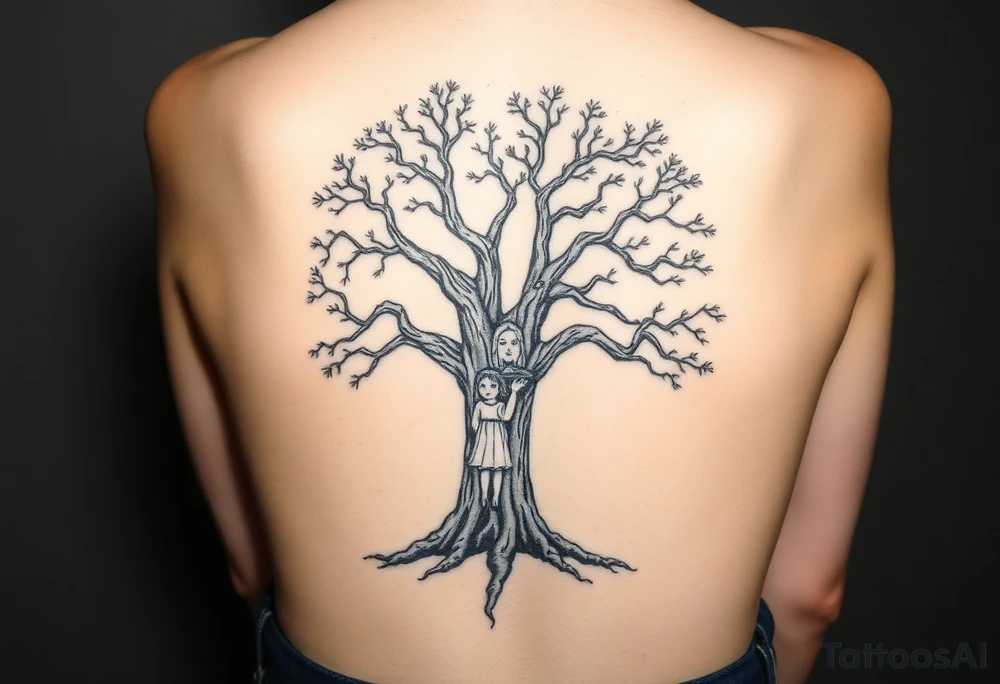 A strong and tall oak tree, with deep roots, with scratches and tears on the trunk. On a long branch, half way up the tree, sits a little girl and Jesus gazing into the distance. tattoo idea