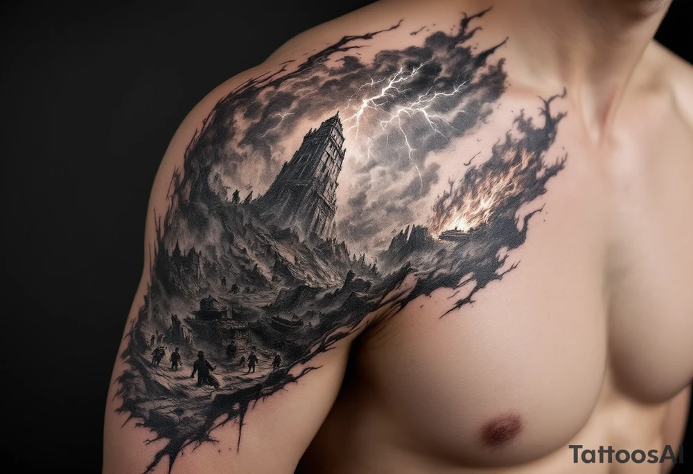 this will be a right arm sleeve.

A crumbling tower struck by lightning, with people scattering in chaos.
Fire raining down from heaven on a burning city, with smoke rising.
A blazing altar with fire falling from heaven
 Floodwaters overtaking the earth, with an ark in the distance. tattoo idea