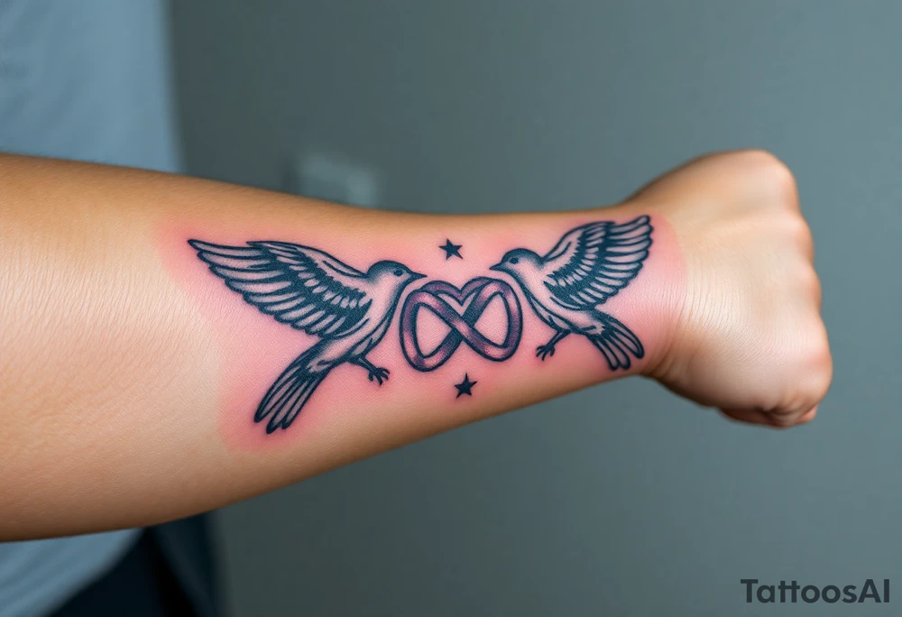 two birds, stars and infinity theme tattoo idea