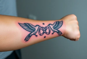 two birds, stars and infinity theme tattoo idea