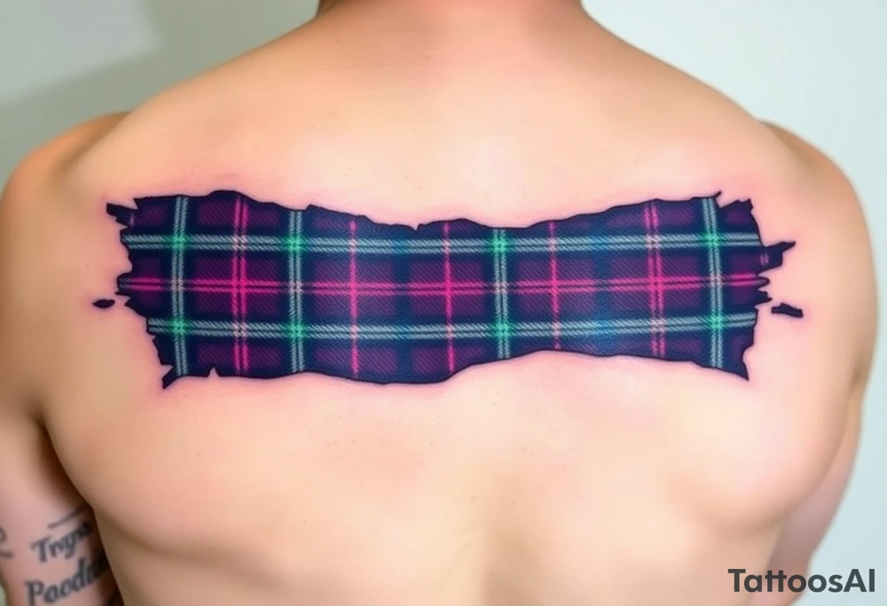 Dark Purple with green pink blue and white highlights tartan fabric on arm with skin ripping away at edges tattoo idea