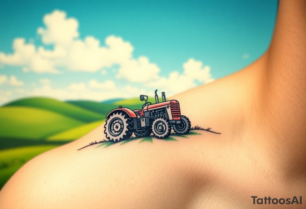 A tractor surrounded by rolling green hills, under a bright blue sky with white fluffy clouds tattoo idea