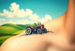 A tractor surrounded by rolling green hills, under a bright blue sky with white fluffy clouds tattoo idea