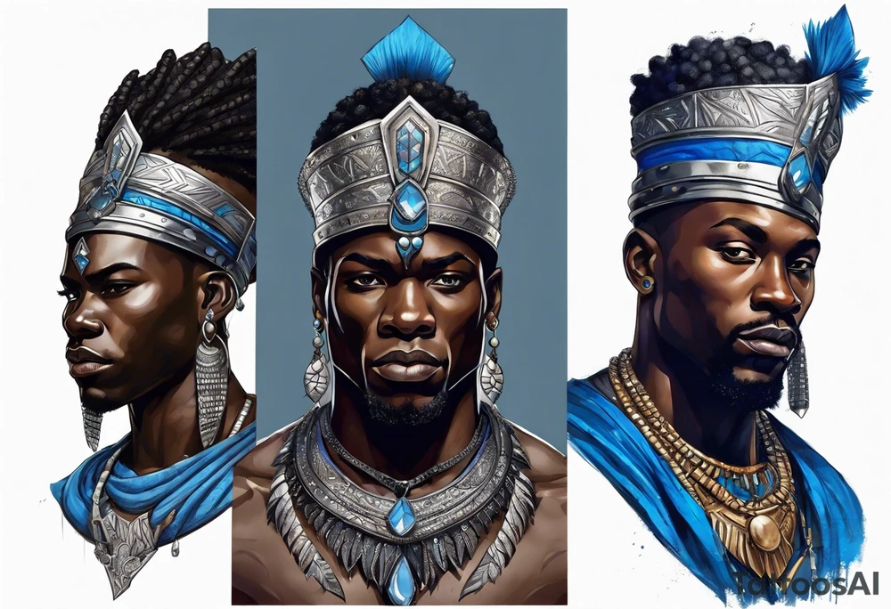 Black-skinned african warrior king with a simple silver crown. He uses blue necklaces and has a sword tattoo idea