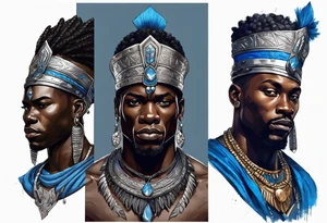 Black-skinned african warrior king with a simple silver crown. He uses blue necklaces and has a sword tattoo idea