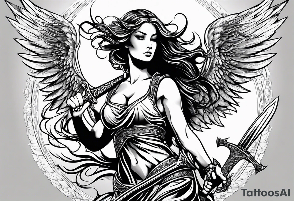 female angel with sword flying in the sky tattoo idea