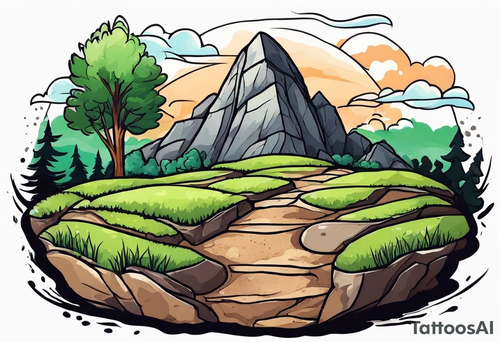 Create a tattoo of a flat topped granite rock with a base under the ground line that is pointed and deep, surrounded by freshly tilled and raked soil ready to be planted and under ground in front of the rock, a seed planted and pushing through the soil tattoo idea